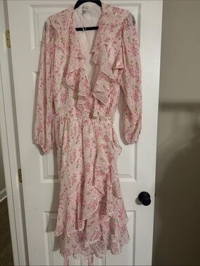 Lucy Paris Pink Floral Ruffle Midi Dress
